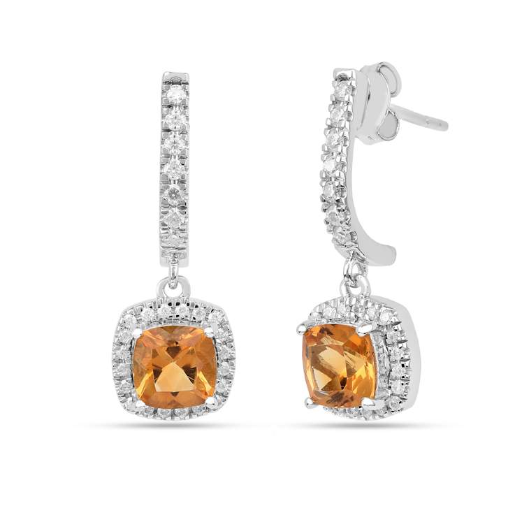 Yellow Cushion Citrine earrings with Moissanite Rhodium Over Sterling
Silver Halo Drop Earrings