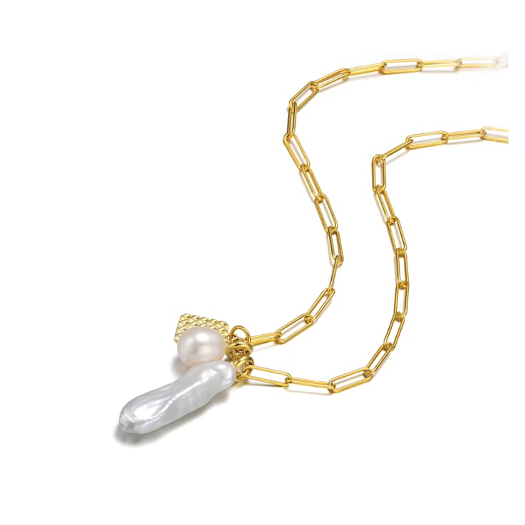 Cultured Pearl And Charm Paperclip Link Chain Necklace in 14k Gold Over Silver