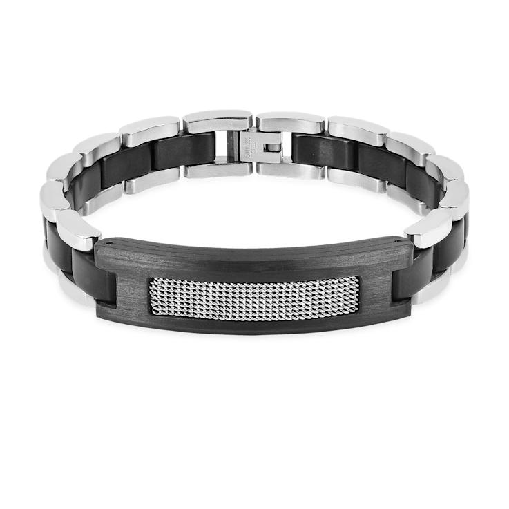 Mens Stainless Steel, Black Leather and Carbon Fiber Link Bracelet