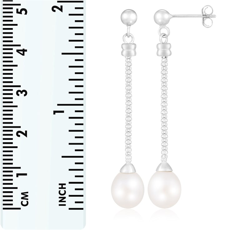 White Cultured Freshwater Pearl Rhodium Over Sterling Silver 7-8mm Drop Earrings