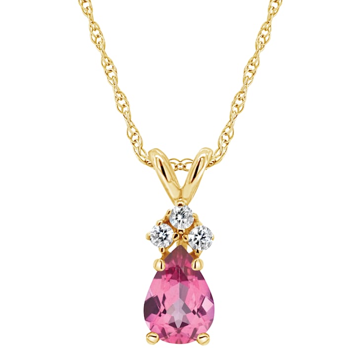 7x5mm Pear Shape Pink Topaz with Diamond Accents 14k Yellow Gold Pendant
With Chain