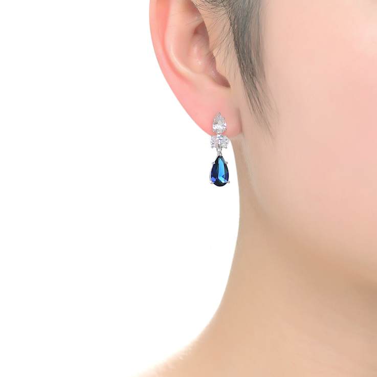 Sapphire Color CZ Drop Earrings In Sterling Silver