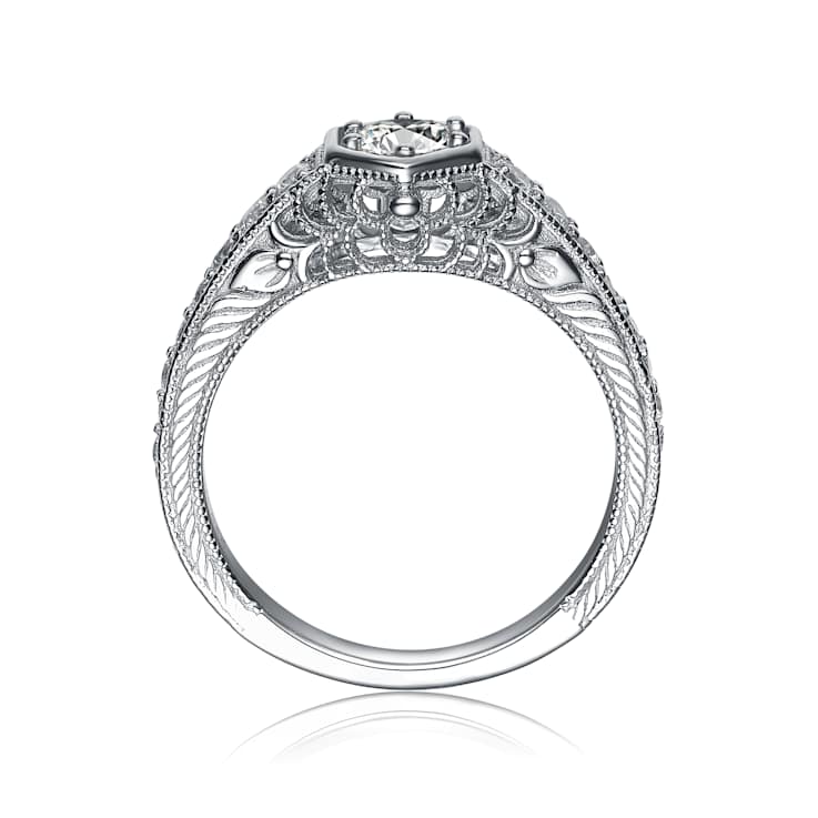 CZ Hexagonal Frame Solitaire Ring In Sterling Silver