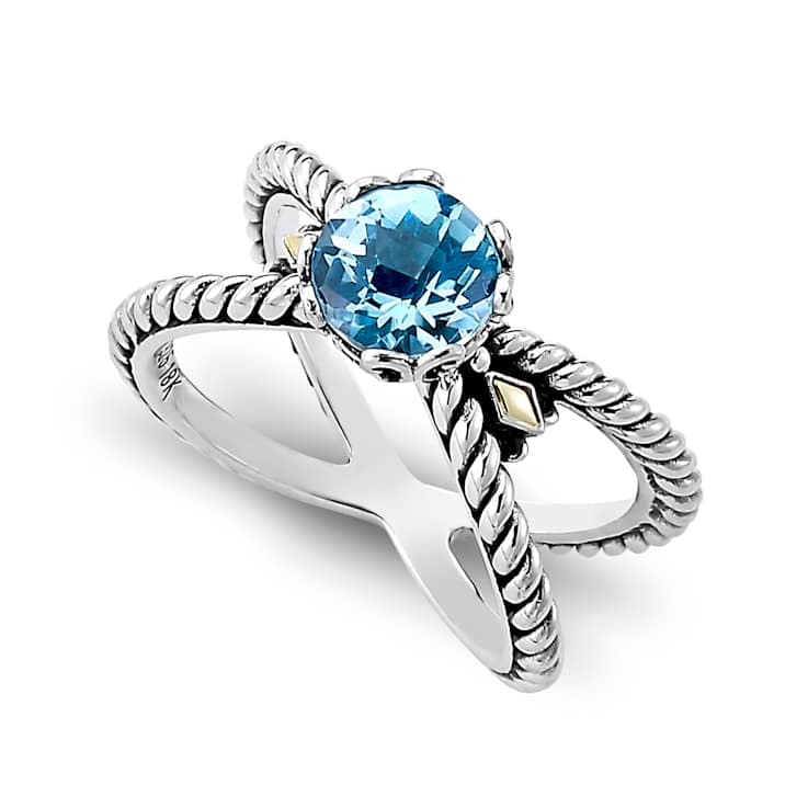 Blue Topaz X-Design Ring In Sterling Silver With 18K Gold Accents