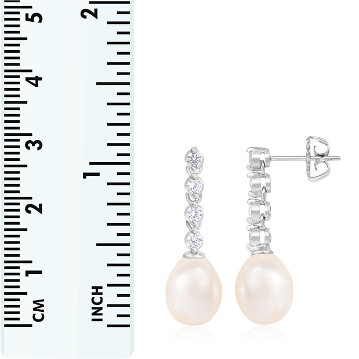 7-8mm White Cultured Freshwater Pearl and Cubic Zirconia Rhodium Over
Sterling Silver Earrings