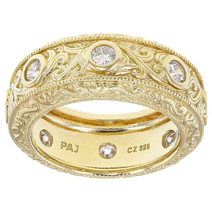 Filigree Design CZ Eternity Band Ring In 18K Gold Over Sterling Silver