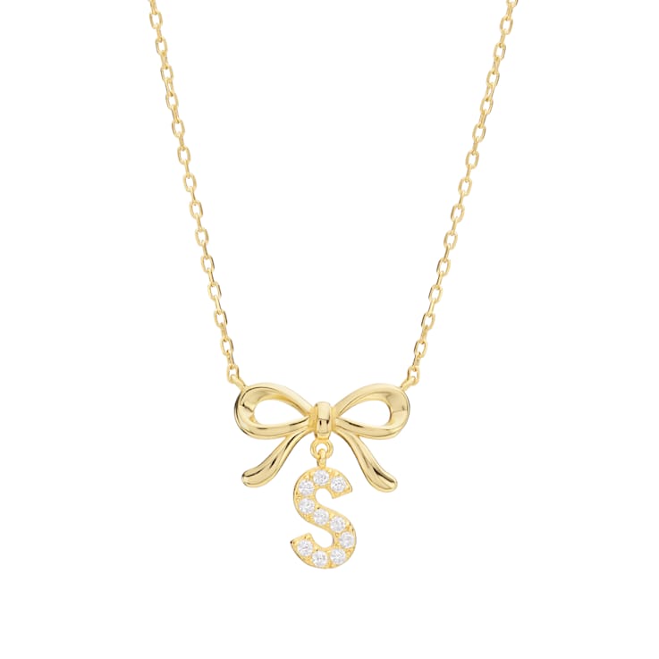 Initial S Bow CZ Necklace In 14K Gold Over Sterling Silver 0.23ctw