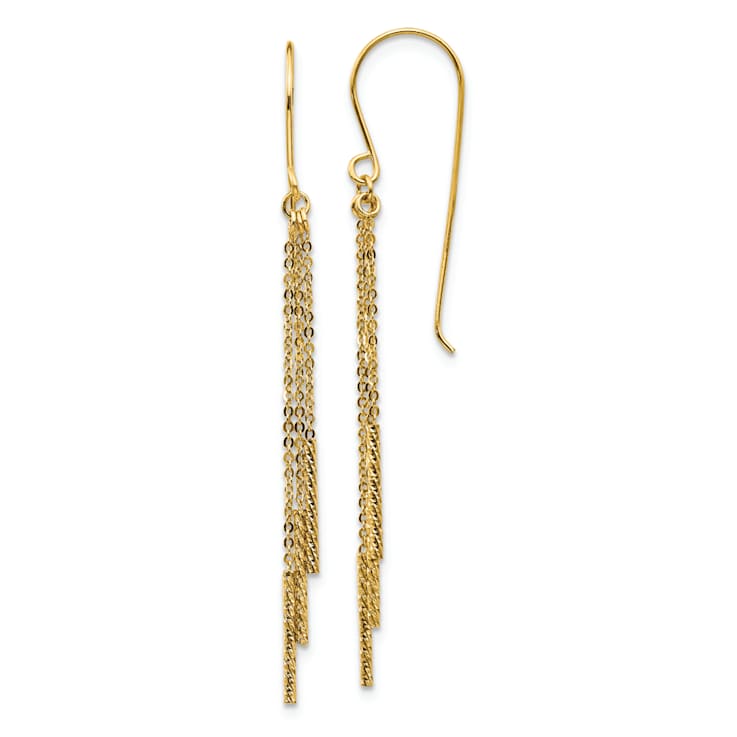 14k Yellow Gold Polished and Diamond-Cut Chain and Bar Dangle Earrings