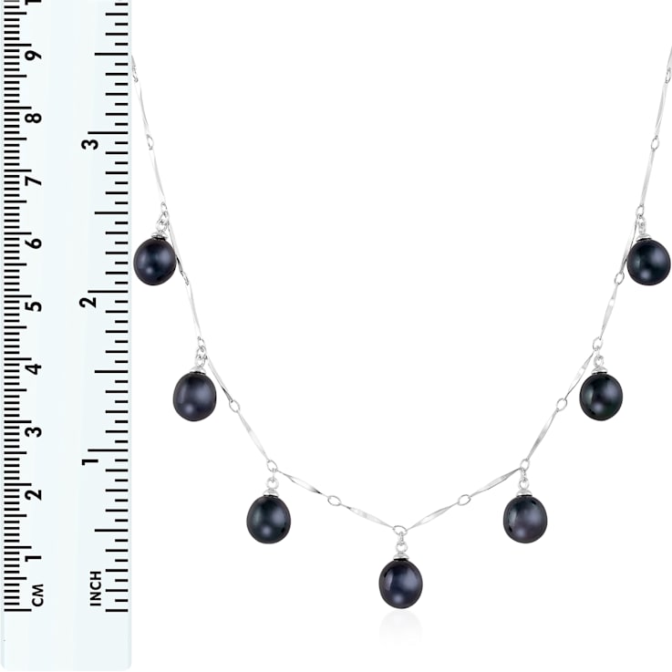7-8mm Black Cultured Freshwater Pearl Rhodium Over Sterling Silver Necklace