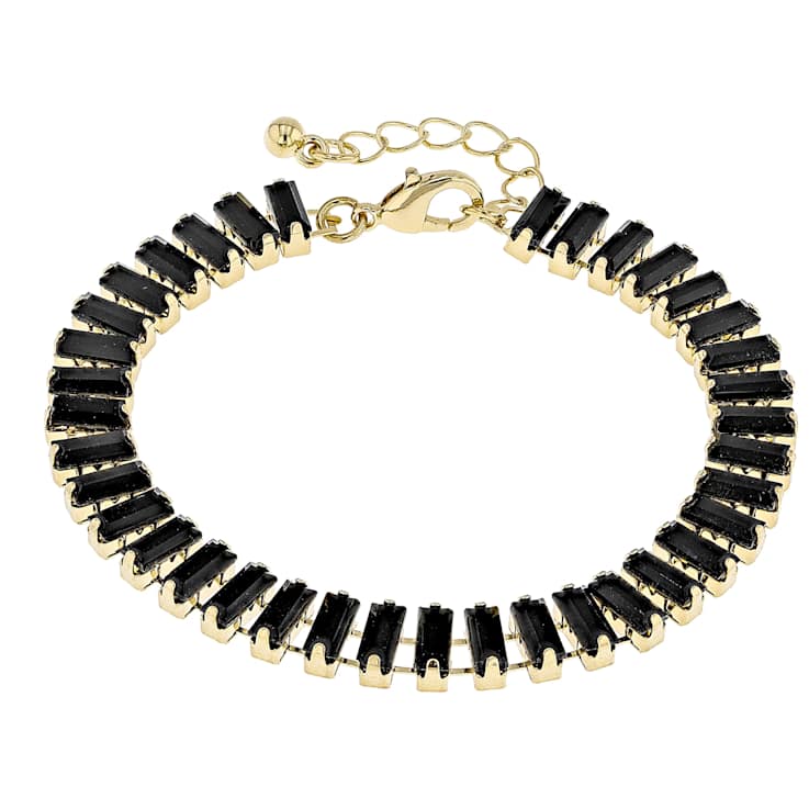 Black Crystal Tennis Necklace, Bracelet And Earring Set In Gold Tone
