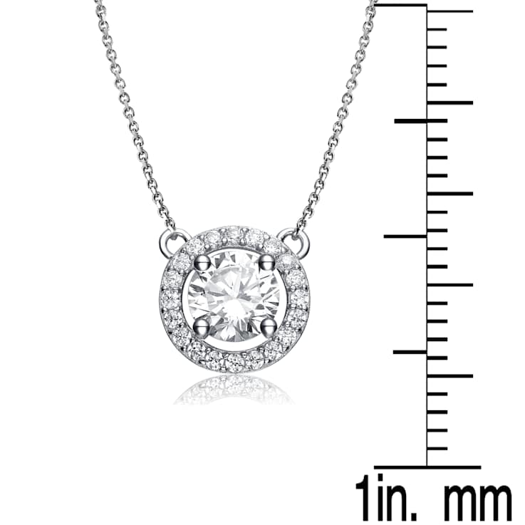 CZ Halo Pendant Necklace In Sterling Silver 16 Inch