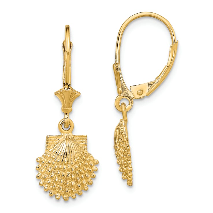 14k Yellow Gold 2D Beaded Textured Scallop Shell Dangle Earrings