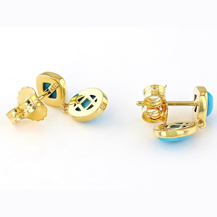 Turquoise Oval And Cushion Drop Earrings In 18K Gold Over Sterling Silver