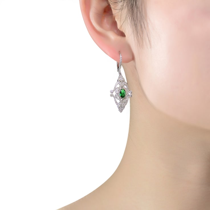 Colored Cubic Zirconia, Rhodium Plated over Sterling Silver Earrings