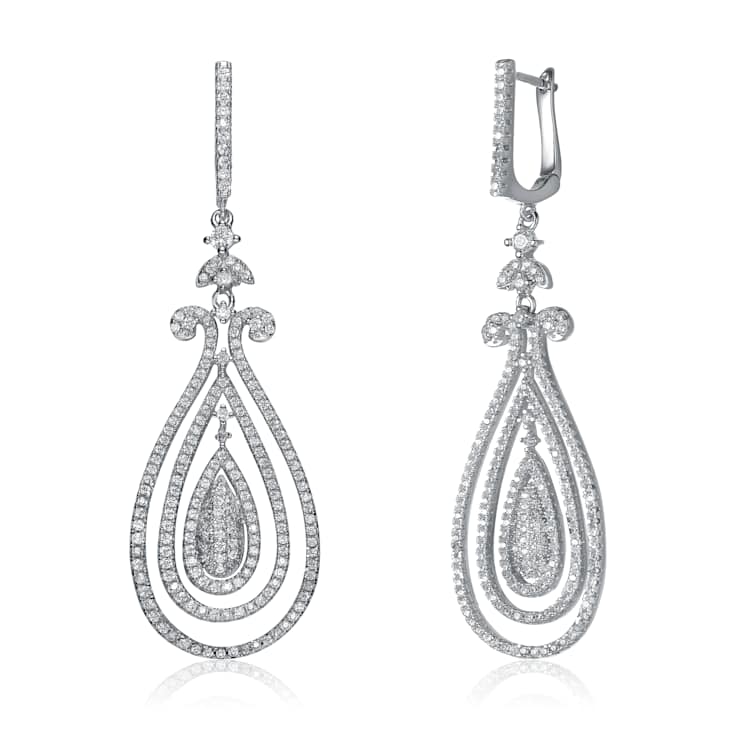 CZ Triple Outline Teardrop Drop Earrings In Sterling Silver