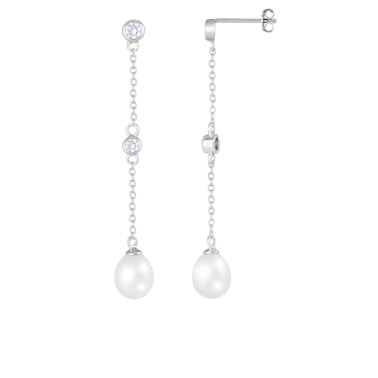 7-8mm white cultured freshwater pearl rhodium over sterling silver earrings