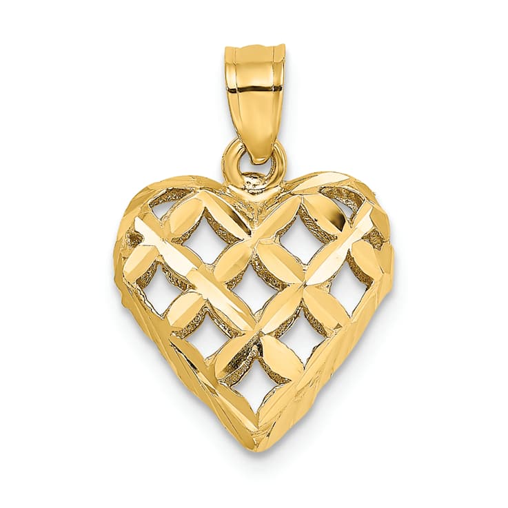 10K Yellow Gold 3D Diamond-Cut Filigree Puffed Heart Charm