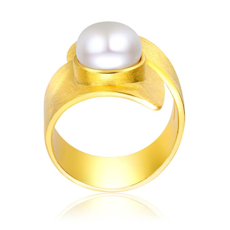 Pear Shape Freshwater Pearl Cuff Ring In 14K Gold Over Sterling Silver