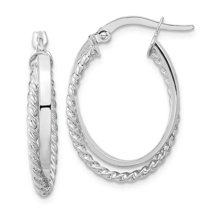 Rhodium Over 14k White Gold Polished and Textured 15/16" Oval
Hinged Hoop Earrings
