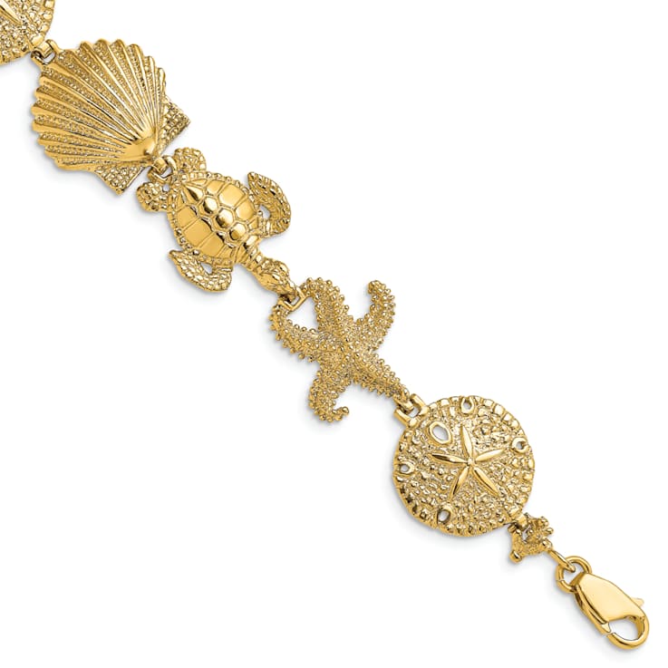 14k Yellow Gold Polished and Textured Sand Dollar, Starfish and Turtle
Link Bracelet