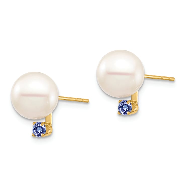 14K Yellow Gold 8-8.5mm White Round Freshwater Cultured Pearl Tanzanite
Post Earrings