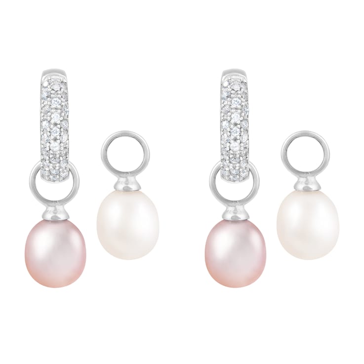 7-8mm White and Pink Cultured Freshwater Pearl Rhodium Over Sterling
Silver Earrings