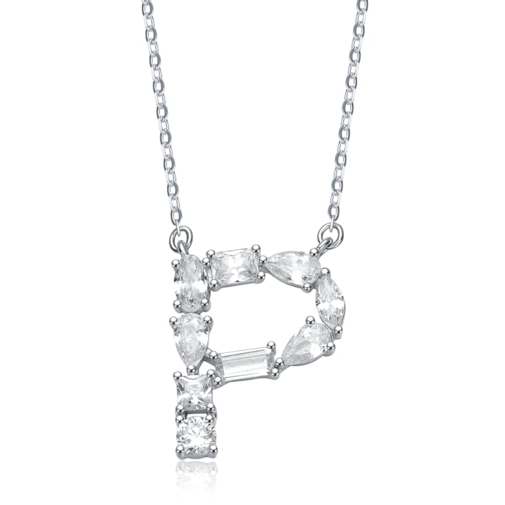 Initial P Mixed Cut CZ Pendant Necklace In Sterling Silver 18 Inch