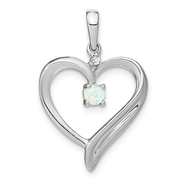 Rhodium Over 14k White Lab Gold Created Opal and Diamond Heart Pendant