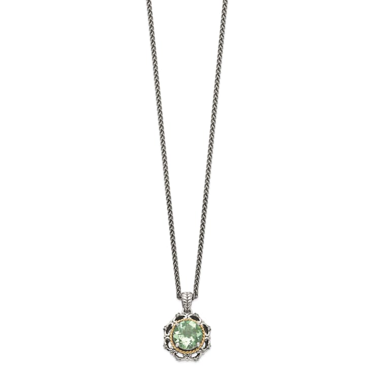 Sterling Silver with 14K Accent Antiqued Green Quartz and Diamond Necklace