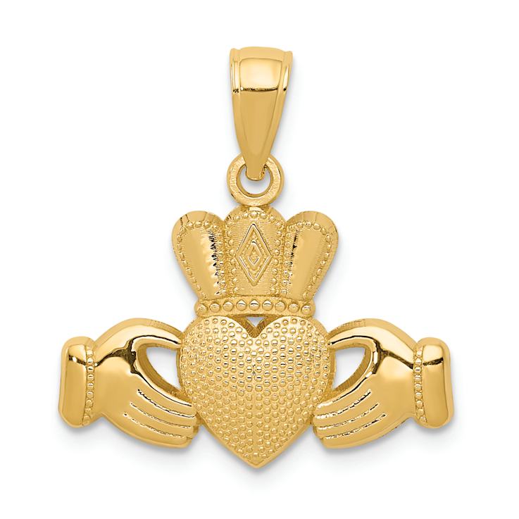 14k Yellow Gold Claddagh Pendant with Textured Crown