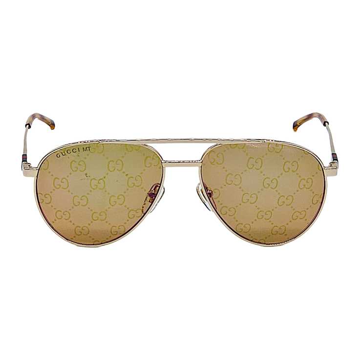 Gucci Gold Tone Aviator Frame / Brown Logo Mirrored Lenses Sunglasses