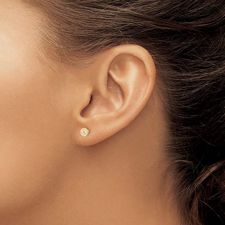 14k Yellow Gold 4.5mm Polished Circle Bezel with Cubic Zirconia Stud Earrings