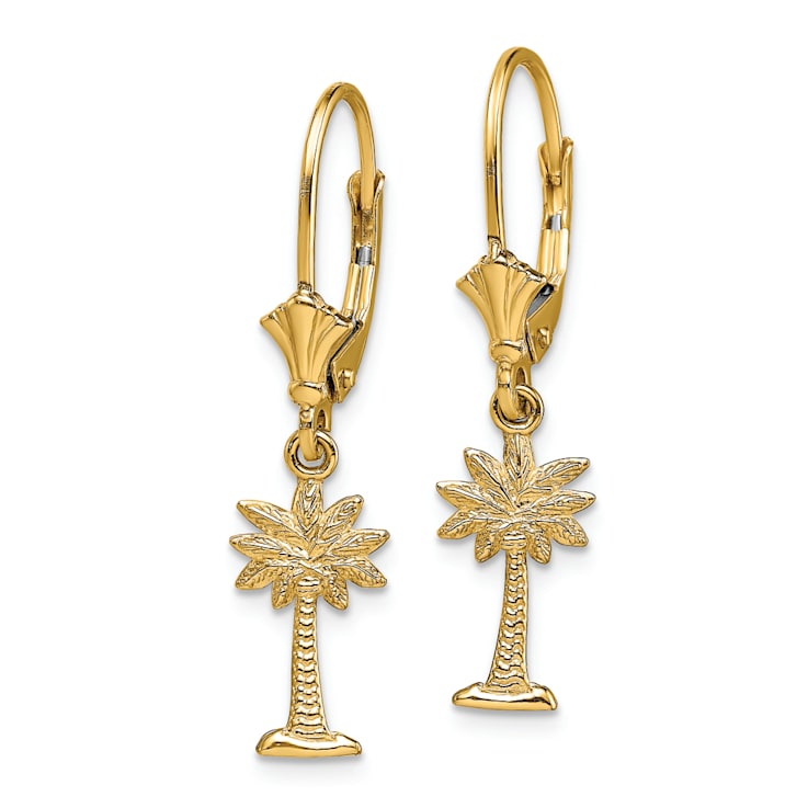 14k Yellow Gold Textured Mini Palmetto Palm Tree Dangle Earrings