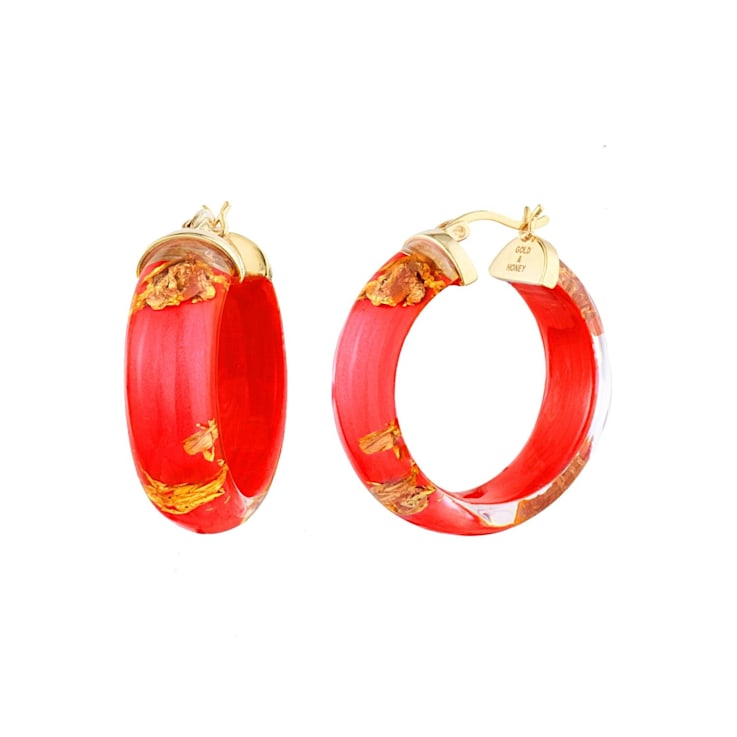 14K Yellow Gold Over Sterling Silver Mini Gold Leaf Acrylic Hoops in
Carnelian Red