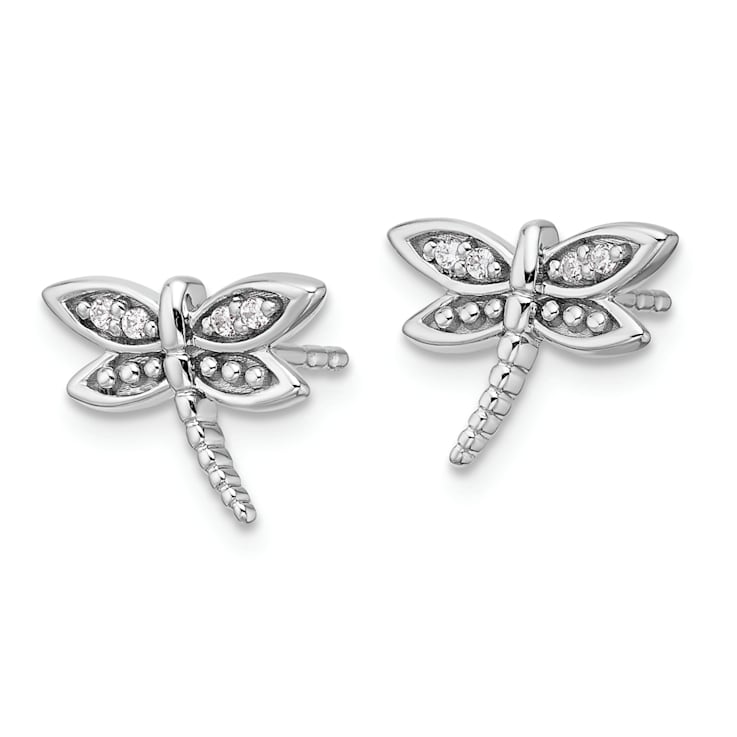 Rhodium Over Sterling Silver White Diamond Dragonfly Post Earrings