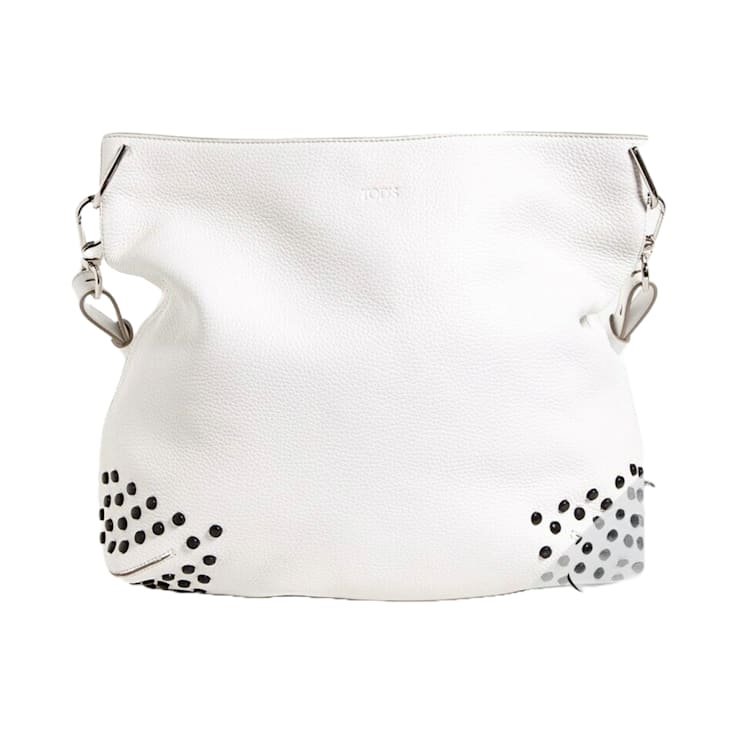 Tods Gommini Textured White Leather Studded Hobo Handbag