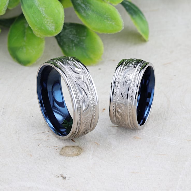 MARINER Titanium Milgrain Engraved Finish Men 's Wedding Ring with Blue
Plating Inside 8mm