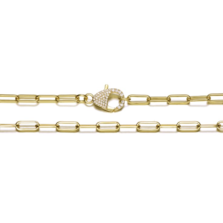 CZ Pave Clasp Paperclip Link Chain Necklace In 14K Gold Over Brass 16 Inch