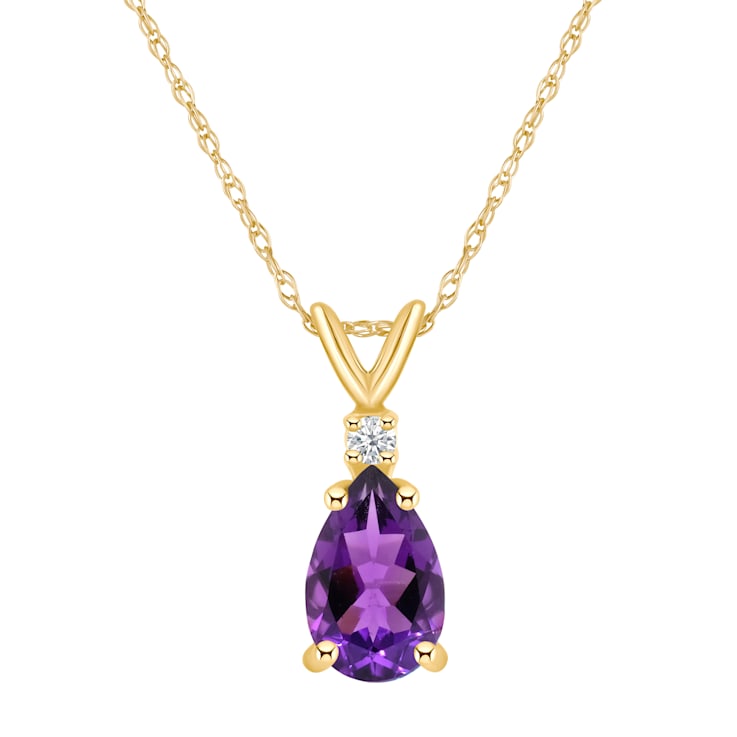8x5mm Pear Shape Amethyst with Diamond Accent 14k Yellow Gold Pendant
With Chain