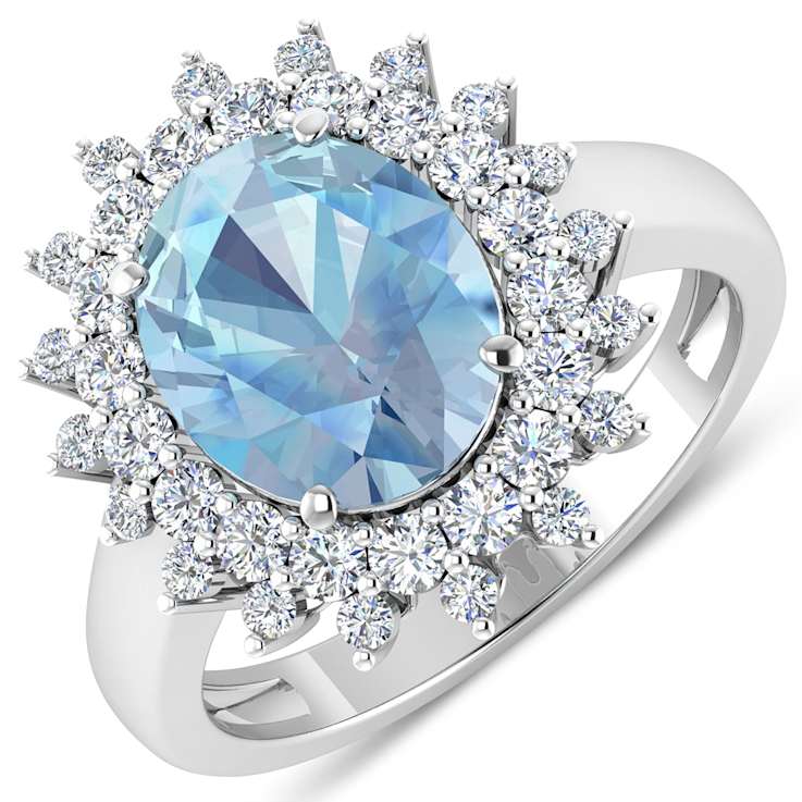 3.69ctw Blue Aquamarine and Diamond 14K White Gold Halo Ring