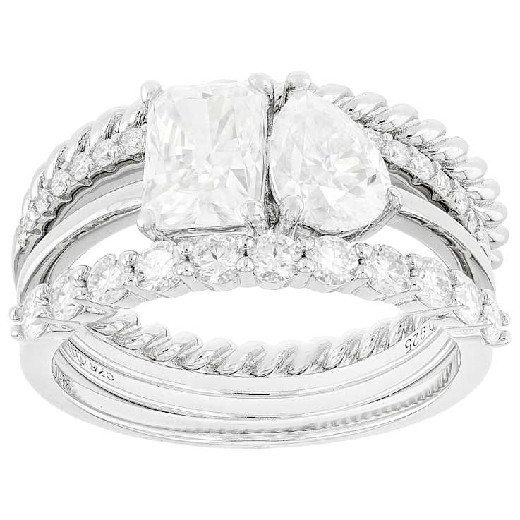 Moissanite Multi-Cut Ring Set of 3 in Platinum-Enhanced Sterling Silver
