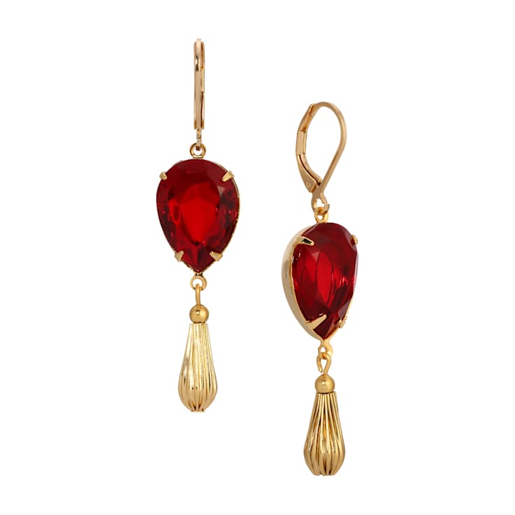 Gold Tone Red Teardrop Crystal Drop Earrings