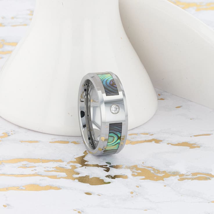 HONOLULU Mother of Pearl Inlay Tungsten Carbide Ring with Beveled Edges
and White Diamond 8mm
