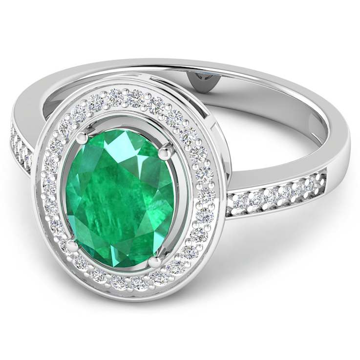 1.75ctw Green Emerald and Diamond 14K White Gold Halo Ring