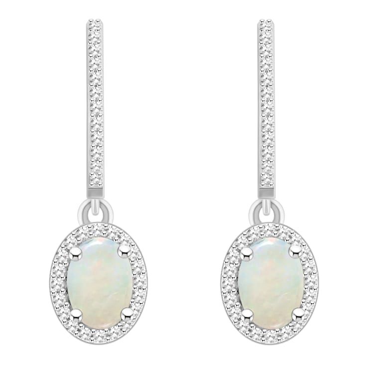 7x5mm Oval Opal 1/3 ctw Diamond Rhodium Over Sterling Silver Halo Dangle Earrings