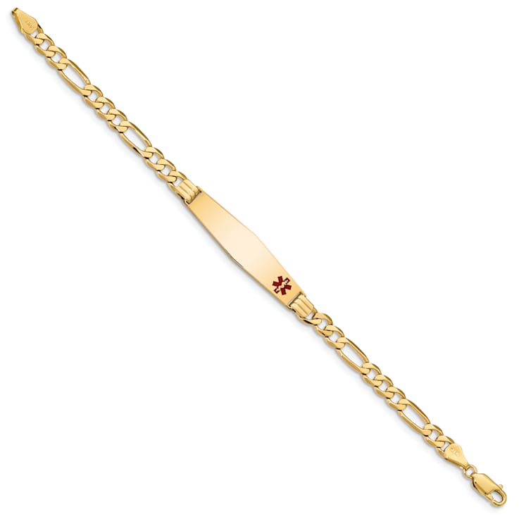 14k Yellow Gold Medical Soft Diamond Shape Red Enamel Flat Figaro Link
ID Bracelet