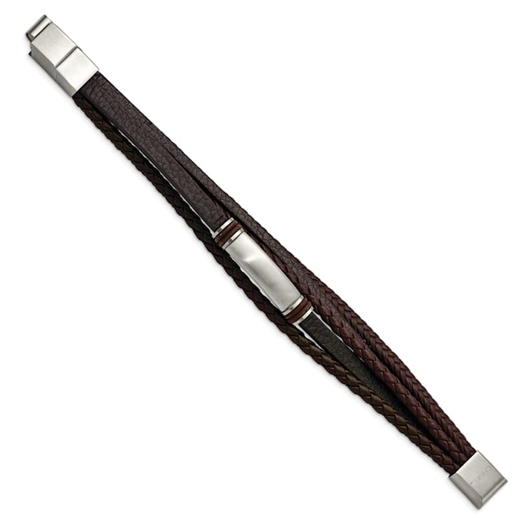 Brown Rubber and Stainless Steel Brushed 8-inch with 0.5-inch Extension Bracelet