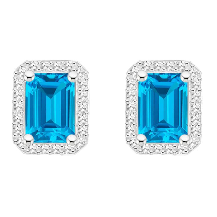 7x5mm Emerald Cut Blue Topaz 1/5 ctw Diamond Rhodium Over Sterling
Silver Halo Stud Earrings