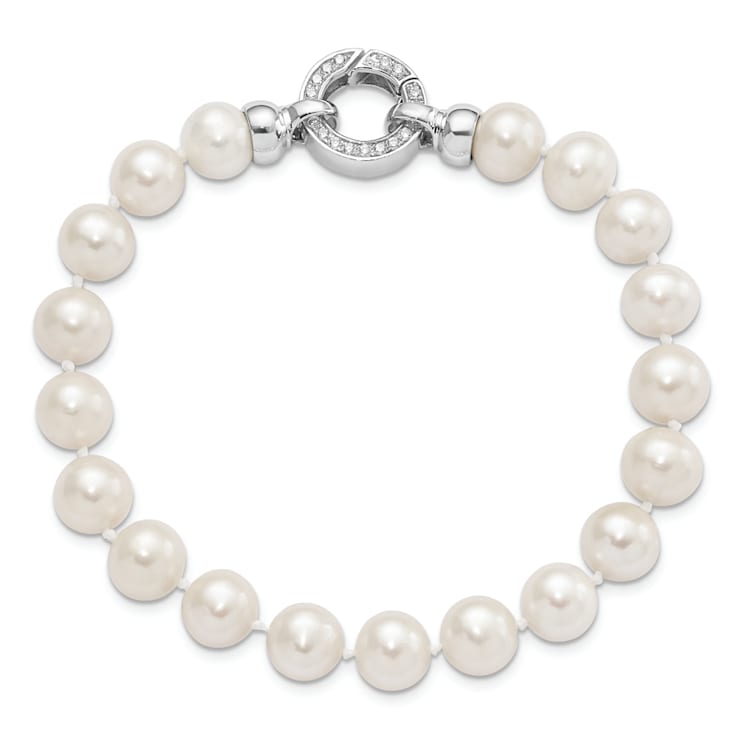 Rhodium Over Sterling Silver 9-10mm White Freshwater Cultured Pearl
Cubic Zirconia Fancy Bracelet
