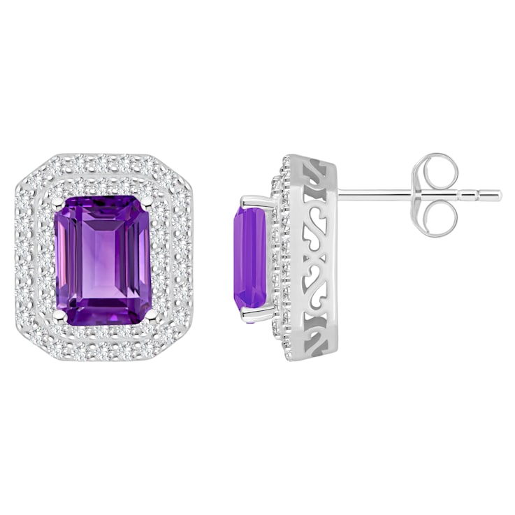 8x6mm Emerald Cut Amethyst And White Topaz Accent Rhodium Over Sterling
Silver Double Halo Earrings
